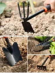 pliers + folding bucket + rake + gloves